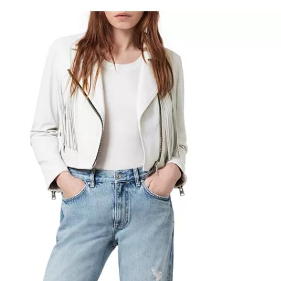 AllSaints Elora Tassel Leather Jacket White Sz 4-6 - Picture 3 of 12
